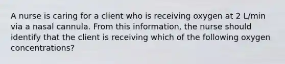 A nurse is caring for a client who is receiving oxygen at 2 L/min via a nasal cannula. From this information, the nurse should identify that the client is receiving which of the following oxygen concentrations?