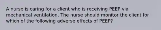 A nurse is caring for a client who is receiving PEEP via mechanical ventilation. The nurse should monitor the client for which of the following adverse effects of PEEP?