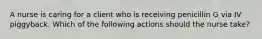 A nurse is caring for a client who is receiving penicillin G via IV piggyback. Which of the following actions should the nurse take?