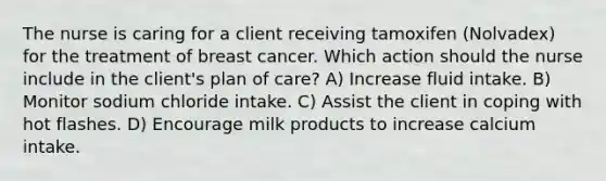 The nurse is caring for a client receiving tamoxifen (Nolvadex) for the treatment of breast cancer. Which action should the nurse include in the client's plan of care? A) Increase fluid intake. B) Monitor sodium chloride intake. C) Assist the client in coping with hot flashes. D) Encourage milk products to increase calcium intake.