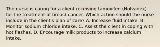 The nurse is caring for a client receiving tamoxifen (Nolvadex) for the treatment of breast cancer. Which action should the nurse include in the client's plan of care? A. Increase fluid intake. B. Monitor sodium chloride intake. C. Assist the client in coping with hot flashes. D. Encourage milk products to increase calcium intake.