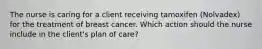 The nurse is caring for a client receiving tamoxifen (Nolvadex) for the treatment of breast cancer. Which action should the nurse include in the client's plan of care?