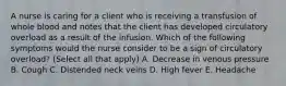 A nurse is caring for a client who is receiving a transfusion of whole blood and notes that the client has developed circulatory overload as a result of the infusion. Which of the following symptoms would the nurse consider to be a sign of circulatory overload? (Select all that apply) A. Decrease in venous pressure B. Cough C. Distended neck veins D. High fever E. Headache