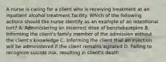 A nurse is caring for a client who is receiving treatment at an inpatient alcohol treatment facility. Which of the following actions should the nurse identify as an example of an intentional tort? A. Administering an incorrect dose of benzodiazepine B. Informing the client's family member of the admission without the client's knowledge C. Informing the client that an injection will be administered if the client remains agitated D. Failing to recognize suicide risk, resulting in client's death