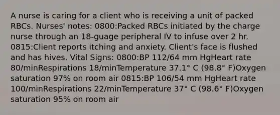 A nurse is caring for a client who is receiving a unit of packed RBCs. Nurses' notes: 0800:Packed RBCs initiated by the charge nurse through an 18-guage peripheral IV to infuse over 2 hr. 0815:Client reports itching and anxiety. Client's face is flushed and has hives. Vital Signs: 0800:BP 112/64 mm HgHeart rate 80/minRespirations 18/minTemperature 37.1° C (98.8° F)Oxygen saturation 97% on room air 0815:BP 106/54 mm HgHeart rate 100/minRespirations 22/minTemperature 37° C (98.6° F)Oxygen saturation 95% on room air