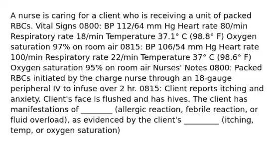 A nurse is caring for a client who is receiving a unit of packed RBCs. Vital Signs 0800: BP 112/64 mm Hg Heart rate 80/min Respiratory rate 18/min Temperature 37.1° C (98.8° F) Oxygen saturation 97% on room air 0815: BP 106/54 mm Hg Heart rate 100/min Respiratory rate 22/min Temperature 37° C (98.6° F) Oxygen saturation 95% on room air Nurses' Notes 0800: Packed RBCs initiated by the charge nurse through an 18-gauge peripheral IV to infuse over 2 hr. 0815: Client reports itching and anxiety. Client's face is flushed and has hives. The client has manifestations of ________ (allergic reaction, febrile reaction, or fluid overload), as evidenced by the client's _________ (itching, temp, or oxygen saturation)