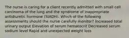 The nurse is caring for a client recently admitted with small cell carcinoma of the lung and the syndrome of inappropriate antidiuretic hormone (SIADH). Which of the following assessments should the nurse carefully monitor? Increased total urinary output Elevation of serum hematocrit Decreased serum sodium level Rapid and unexpected weight loss