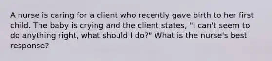 A nurse is caring for a client who recently gave birth to her first child. The baby is crying and the client states, "I can't seem to do anything right, what should I do?" What is the nurse's best response?