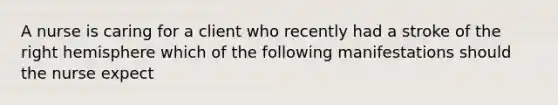 A nurse is caring for a client who recently had a stroke of the right hemisphere which of the following manifestations should the nurse expect
