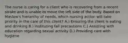 The nurse is caring for a client who is recovering from a recent stroke and is unable to move the left side of the body. Based on Maslow's hierarchy of needs, which nursing action will take priority in the care of this client? A.) Ensuring the client is eating and drinking B.) Instituting fall precautions C.) Assisting with education regarding sexual activity D.) Providing care with hygiene