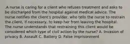 .A nurse is caring for a client who refuses treatment and asks to be discharged from the hospital against medical advice. The nurse notifies the client's provider, who tells the nurse to restrain the client, if necessary, to keep her from leaving the hospital. The nurse understands that restraining this client would be considered which type of civil action by the nurse? A. Invasion of privacy B. Assault C. Battery D. False imprisonment