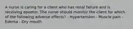 A nurse is caring for a client who has renal failure and is receiving epoetin. The nurse should monitor the client for which of the following adverse effects? - Hypertension - Muscle pain - Edema - Dry mouth