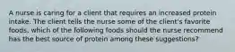 A nurse is caring for a client that requires an increased protein intake. The client tells the nurse some of the client's favorite foods, which of the following foods should the nurse recommend has the best source of protein among these suggestions?