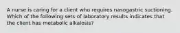 A nurse is caring for a client who requires nasogastric suctioning. Which of the following sets of laboratory results indicates that the client has metabolic alkalosis?