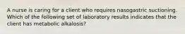 A nurse is caring for a client who requires nasogastric suctioning. Which of the following set of laboratory results indicates that the client has metabolic alkalosis?