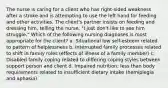 The nurse is caring for a client who has right-sided weakness after a stroke and is attempting to use the left hand for feeding and other activities. The client's partner insists on feeding and dressing him, telling the nurse, "I just don't like to see him struggle." Which of the following nursing diagnoses is most appropriate for the client? a. Situational low self-esteem related to pattern of helplessness b. Interrupted family processes related to shift in family roles (effects of illness of a family member) c. Disabled family coping related to differing coping styles between support person and client d. Impaired nutrition: less than body requirements related to insufficient dietary intake (hemiplegia and aphasia)