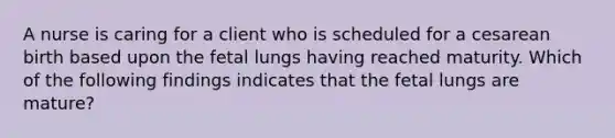 A nurse is caring for a client who is scheduled for a cesarean birth based upon the fetal lungs having reached maturity. Which of the following findings indicates that the fetal lungs are mature?