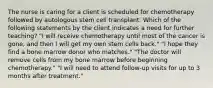 The nurse is caring for a client is scheduled for chemotherapy followed by autologous stem cell transplant. Which of the following statements by the client indicates a need for further teaching? "I will receive chemotherapy until most of the cancer is gone, and then I will get my own stem cells back." "I hope they find a bone marrow donor who matches." "The doctor will remove cells from my bone marrow before beginning chemotherapy." "I will need to attend follow-up visits for up to 3 months after treatment."