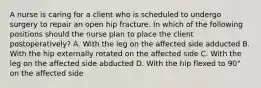 A nurse is caring for a client who is scheduled to undergo surgery to repair an open hip fracture. In which of the following positions should the nurse plan to place the client postoperatively? A. With the leg on the affected side adducted B. With the hip externally rotated on the affected side C. With the leg on the affected side abducted D. With the hip flexed to 90° on the affected side