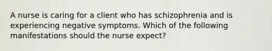 A nurse is caring for a client who has schizophrenia and is experiencing negative symptoms. Which of the following manifestations should the nurse expect?