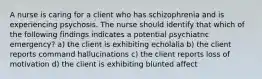 A nurse is caring for a client who has schizophrenia and is experiencing psychosis. The nurse should identify that which of the following findings indicates a potential psychiatric emergency? a) the client is exhibiting echolalia b) the client reports command hallucinations c) the client reports loss of motivation d) the client is exhibiting blunted affect