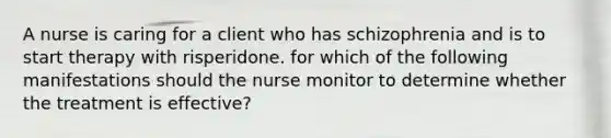 A nurse is caring for a client who has schizophrenia and is to start therapy with risperidone. for which of the following manifestations should the nurse monitor to determine whether the treatment is effective?