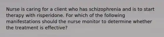 Nurse is caring for a client who has schizophrenia and is to start therapy with risperidone. For which of the following manifestations should the nurse monitor to determine whether the treatment is effective?