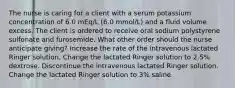 The nurse is caring for a client with a serum potassium concentration of 6.0 mEq/L (6.0 mmol/L) and a fluid volume excess. The client is ordered to receive oral sodium polystyrene sulfonate and furosemide. What other order should the nurse anticipate giving? Increase the rate of the intravenous lactated Ringer solution. Change the lactated Ringer solution to 2.5% dextrose. Discontinue the intravenous lactated Ringer solution. Change the lactated Ringer solution to 3% saline.