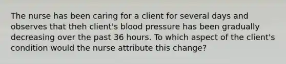 The nurse has been caring for a client for several days and observes that theh client's blood pressure has been gradually decreasing over the past 36 hours. To which aspect of the client's condition would the nurse attribute this change?