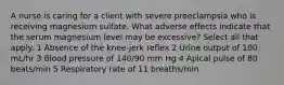 A nurse is caring for a client with severe preeclampsia who is receiving magnesium sulfate. What adverse effects indicate that the serum magnesium level may be excessive? Select all that apply. 1 Absence of the knee-jerk reflex 2 Urine output of 100 mL/hr 3 Blood pressure of 140/90 mm Hg 4 Apical pulse of 80 beats/min 5 Respiratory rate of 11 breaths/min