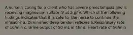 A nurse is caring for a client who has severe preeclampsia and is receiving magnesium sulfate IV at 2 g/hr. Which of the following findings indicates that it is safe for the nurse to continue the infusion? a. Diminished deep-tendon reflexes b.Respiratory rate of 16/min c. Urine output of 50 mL in 4hr d. Heart rate of 56/min