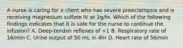 A nurse is caring for a client who has severe preeclampsia and is receiving magnesium sulfate IV at 2g/hr. Which of the following findings indicates that it is safe for the nurse to continue the infusion? A. Deep-tendon reflexes of +1 B. Respiratory rate of 16/min C. Urine output of 50 mL in 4hr D. Heart rate of 56/min