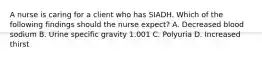 A nurse is caring for a client who has SIADH. Which of the following findings should the nurse expect? A. Decreased blood sodium B. Urine specific gravity 1.001 C. Polyuria D. Increased thirst