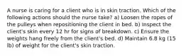 A nurse is caring for a client who is in skin traction. Which of the following actions should the nurse take? a) Loosen the ropes of the pulleys when repositioning the client in bed. b) Inspect the client's skin every 12 hr for signs of breakdown. c) Ensure the weights hang freely from the client's bed. d) Maintain 6.8 kg (15 lb) of weight for the client's skin traction.