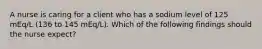 A nurse is caring for a client who has a sodium level of 125 mEq/L (136 to 145 mEq/L). Which of the following findings should the nurse expect?