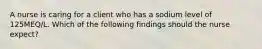 A nurse is caring for a client who has a sodium level of 125MEQ/L. Which of the following findings should the nurse expect?