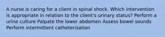 A nurse is caring for a client in spinal shock. Which intervention is appropriate in relation to the client's urinary status? Perform a urine culture Palpate the lower abdomen Assess bowel sounds Perform intermittent catheterization