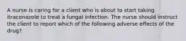 A nurse is caring for a client who is about to start taking itraconazole to treat a fungal infection. The nurse should instruct the client to report which of the following adverse effects of the drug?