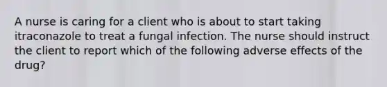 A nurse is caring for a client who is about to start taking itraconazole to treat a fungal infection. The nurse should instruct the client to report which of the following adverse effects of the drug?