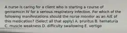 A nurse is caring for a client who is starting a course of gentamicin IV for a serious respiratory infection. For which of the following manifestations should the nurse monitor as an A/E of this medication? (Select all that apply) A. pruritus B. hematuria C. muscle weakness D. difficulty swallowing E. vertigo