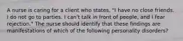 A nurse is caring for a client who states, "I have no close friends. I do not go to parties. I can't talk in front of people, and I fear rejection." The nurse should identify that these findings are manifestations of which of the following personality disorders?