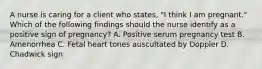 A nurse is caring for a client who states, "I think I am pregnant." Which of the following findings should the nurse identify as a positive sign of pregnancy? A. Positive serum pregnancy test B. Amenorrhea C. Fetal heart tones auscultated by Doppler D. Chadwick sign