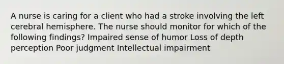 A nurse is caring for a client who had a stroke involving the left cerebral hemisphere. The nurse should monitor for which of the following findings? Impaired sense of humor Loss of depth perception Poor judgment Intellectual impairment