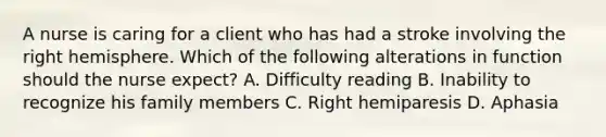 A nurse is caring for a client who has had a stroke involving the right hemisphere. Which of the following alterations in function should the nurse expect? A. Difficulty reading B. Inability to recognize his family members C. Right hemiparesis D. Aphasia