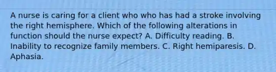 A nurse is caring for a client who who has had a stroke involving the right hemisphere. Which of the following alterations in function should the nurse expect? A. Difficulty reading. B. Inability to recognize family members. C. Right hemiparesis. D. Aphasia.