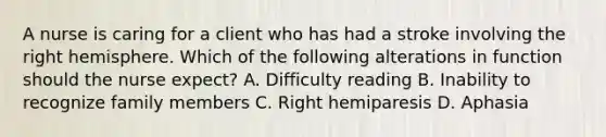 A nurse is caring for a client who has had a stroke involving the right hemisphere. Which of the following alterations in function should the nurse expect? A. Difficulty reading B. Inability to recognize family members C. Right hemiparesis D. Aphasia