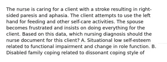 The nurse is caring for a client with a stroke resulting in right-sided paresis and aphasia. The client attempts to use the left hand for feeding and other self-care activities. The spouse becomes frustrated and insists on doing everything for the client. Based on this data, which nursing diagnosis should the nurse document for this client? A. Situational low self-esteem related to functional impairment and change in role function. B. Disabled family coping related to dissonant coping style of