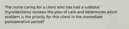 The nurse caring for a client who has had a subtotal thyroidectomy reviews the plan of care and determines which problem is the priority for this client in the immediate postoperative period?