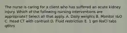 The nurse is caring for a client who has suffered an acute kidney injury. Which of the following nursing interventions are appropriate? Select all that apply. A. Daily weights B. Monitor I&O C. Head CT with contrast D. Fluid restriction E. 1 gm NaCl tabs q6hrs