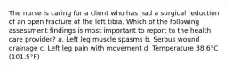 The nurse is caring for a client who has had a surgical reduction of an open fracture of the left tibia. Which of the following assessment findings is most important to report to the health care provider? a. Left leg muscle spasms b. Serous wound drainage c. Left leg pain with movement d. Temperature 38.6°C (101.5°F)